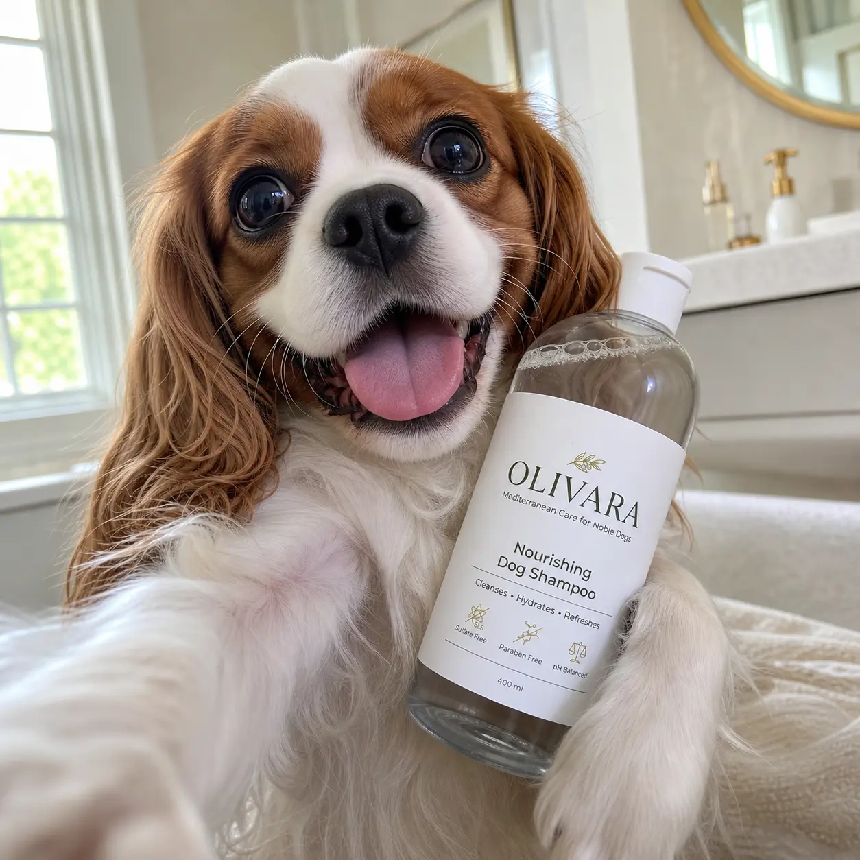 Chien avec un flacon Olivara