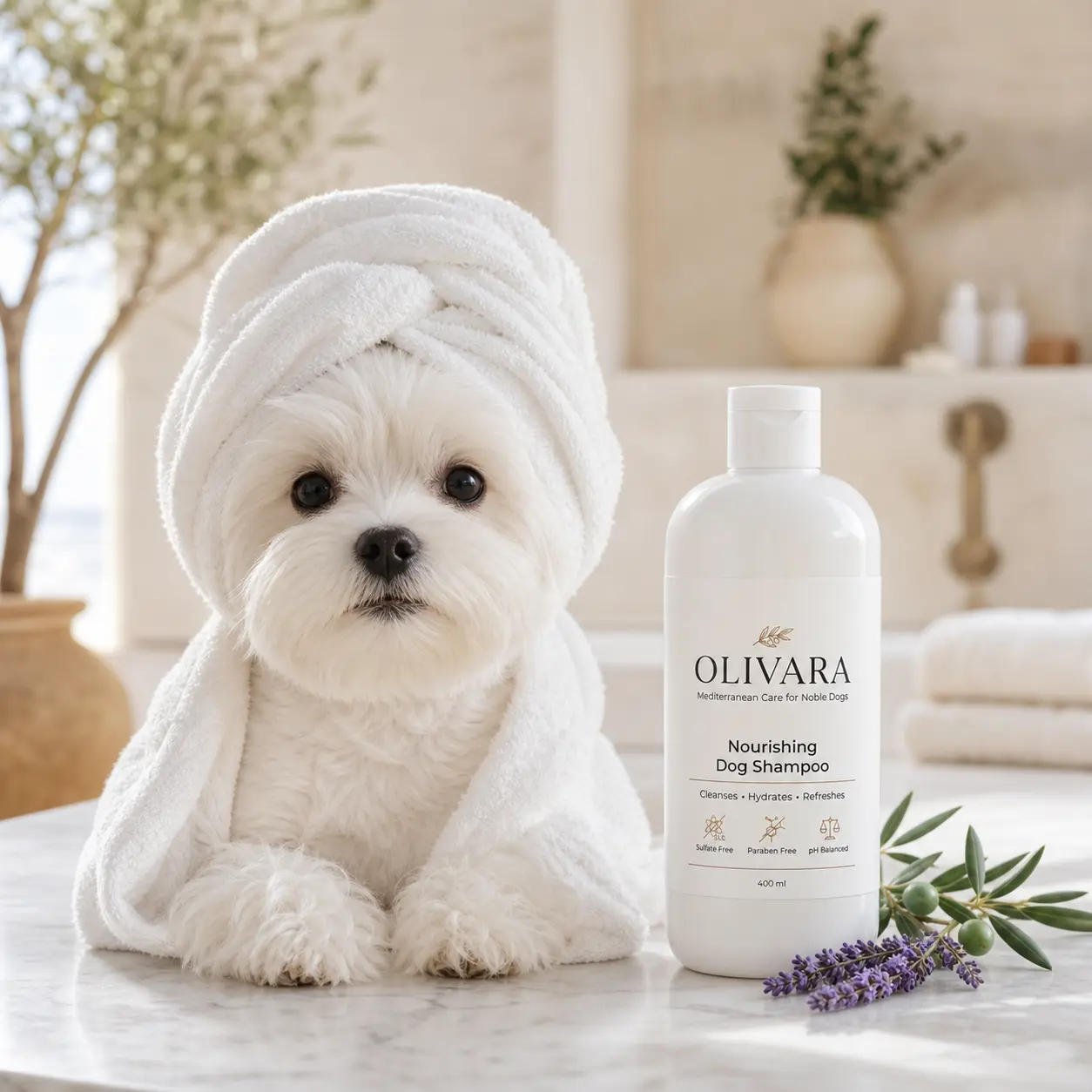 Petit chien après son bain avec Olivara