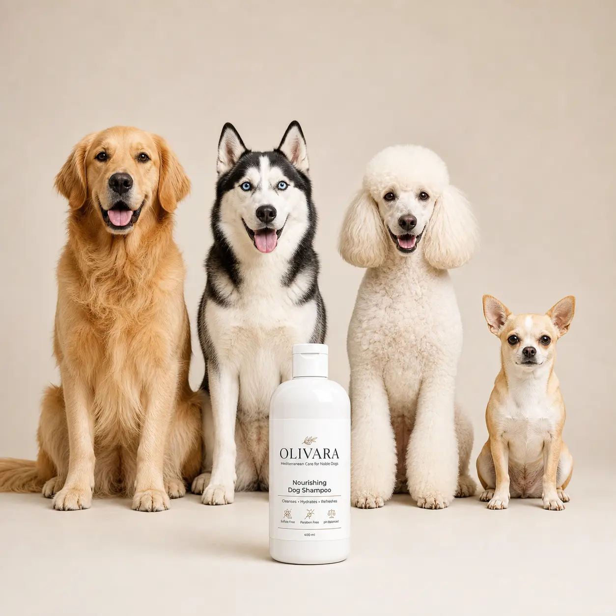 Plusieurs chiens heureux avec le shampoing Olivara
