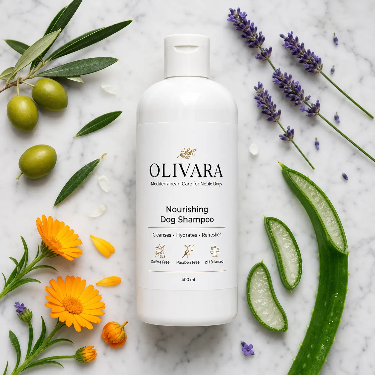 Shampoing Olivara présenté avec de l’huile d’olive, de la lavande et de l’aloe vera